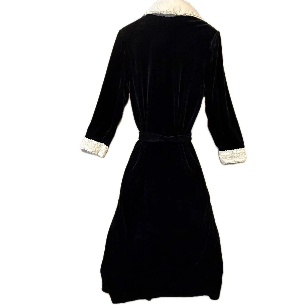 CHRISTIAN DIOR Robe Women's Small Velvet Ivory Satin Trim Embroidered Long Black